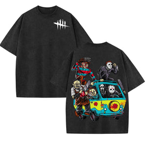 Halloween Scary Cartoon Character Print Dead By Daylight – Washed Tee, Cotton Menswear Top — view 3