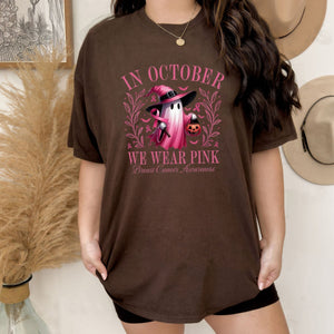 In October We Wear Pink Ghost T-Shirt - Breast Cancer Awareness & Halloween Tee, Pink Ribbon Shirt — view 4