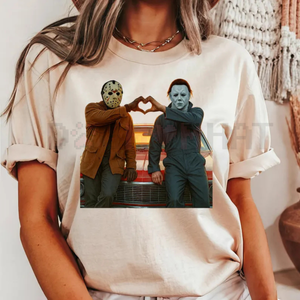 90S Vintage Retro Heart Hands Michael And Jason Halloween TShirt — view 4