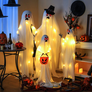 4 PCS Halloween Light up White Cloth Ghost Family with Red and Warm White LED Lights — view 1