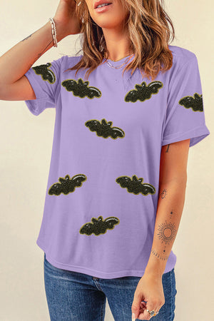 Wisteria Sequin Halloween Bat Patched Casual T Shirt — view 2