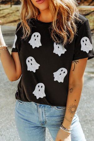 Black Glitter Ghost Pattern Crew Neck Halloween T Shirt — view 2