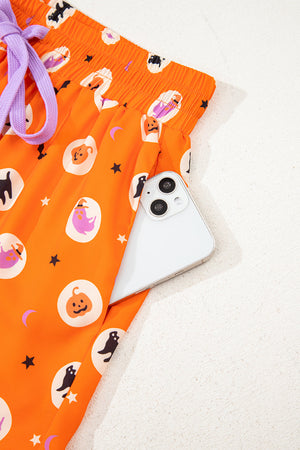 Orange Halloween Print Lapel Shirt Long 2pcs Pajama Set — view 11