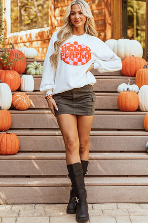 White Terry Halloween Pumpkin Patched Pattern Pullover Sweatshirt — view 11