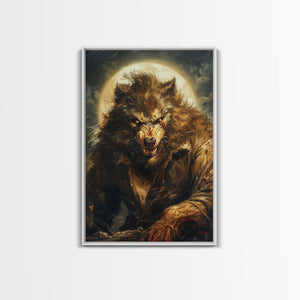 Ferocious Werewolf Under Full Moon Framed Canvas Print | Halloween Monster Art | Spooky Werewolf Decor for Home | Intense Werewolf Artwork — view 5