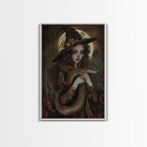 Witch Holding Snake under Full Moon - Dark Forest Sorcery Gothic Art Framed Canvas Print, Halloween Witchy Decor — view 5