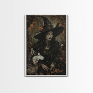 Witch with Wolves in Enchanted Forest - Dark Sorcery Mystical Art Framed Canvas Print, Halloween Gothic Decor — view 5