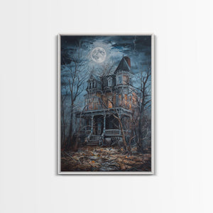 Abandoned House Under Moon Full Halloween Art, Spooky Mansion, Haunted Home, Creepy Decor, Gothic Artwork, Framed Canvas Print — view 5