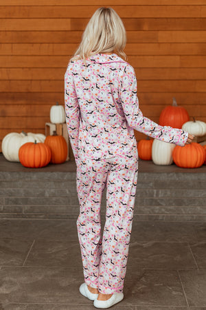 Pink Halloween Eve Haunted Honey Bat Print Pajama Set — view 6