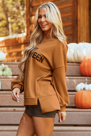 Chestnut Sequin Happy Halloween Graphic Notched Neck Long Sleeve Loose Top — view 2