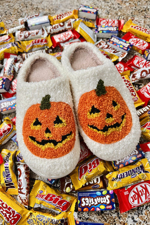 White Halloween Pumpkin Print Plush Slippers (Runs Small, Size Up) — view 6