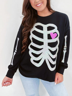 Women's Halloween Sequin Skeleton Crewneck Sweatshirt — view 3