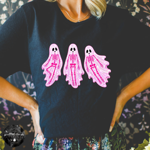 Pink Skeleton Ghosts Tee | Cute Coquette Halloween Graphic T-Shirt — view 1