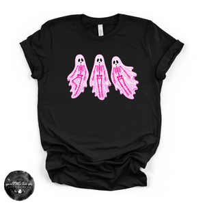 Pink Skeleton Ghosts Tee | Cute Coquette Halloween Graphic T-Shirt — view 3