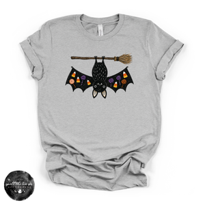Bat on a Broom Tee | Cute Witchy Halloween Bat Graphic T-Shirt — view 2