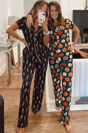 Orange Halloween Pattern Short Sleeve Shirt Pajama Set — view 2