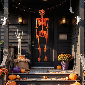 5.2 FT Orange Life-Size Poseable Halloween Skeleton with Pumpkin Head and Movable Joints — view 1