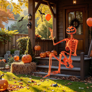 5.2 FT Orange Life-Size Poseable Halloween Skeleton with Pumpkin Head and Movable Joints — view 2