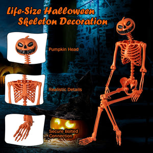 5.2 FT Orange Life-Size Poseable Halloween Skeleton with Pumpkin Head and Movable Joints — view 8