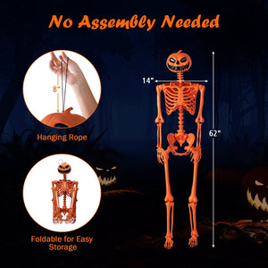 5.2 FT Orange Life-Size Poseable Halloween Skeleton with Pumpkin Head and Movable Joints — view 5