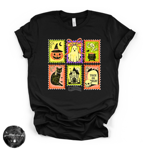 Halloween Stamps Tee | Vintage Spooky Postage Graphic T-Shirt — view 1