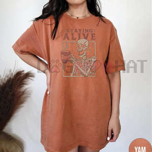 "Staying Alive" Coffee T-Shirt – Funny Skeleton Tee, Trendy Retro Halloween, Women's Comfort Colors Shirt — view 5