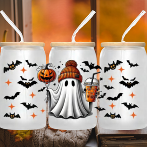 Cute Ghost Halloween 16oz Glass Tumbler – Lid & Straw, Spooky Season Gift — view 1