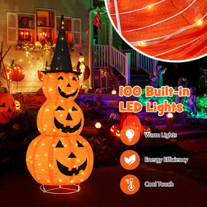 5 Feet Lighted Stacked Pumpkins Halloween Decoration with Witch Hat — view 7
