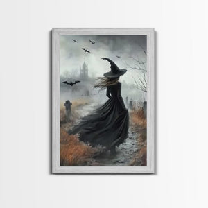 Gothic Oil Painting Print Of a Witch in a Grave Yard, Framed Canvas Print, Dark Academia, Gothic Art, Goth Decor, Halloween Wall Art — view 6