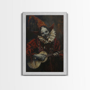 Creepy Clown Playing Guitar, Framed Canvas Print, Spooky Circus Art, Halloween Wall Decor, Horror Clown Illustration, Creepy Home Decor — view 6