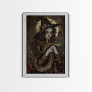 Witch Holding Snake under Full Moon - Dark Forest Sorcery Gothic Art Framed Canvas Print, Halloween Witchy Decor — view 6