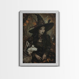 Witch with Wolves in Enchanted Forest - Dark Sorcery Mystical Art Framed Canvas Print, Halloween Gothic Decor — view 6
