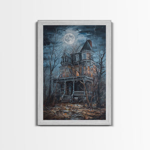 Abandoned House Under Moon Full Halloween Art, Spooky Mansion, Haunted Home, Creepy Decor, Gothic Artwork, Framed Canvas Print — view 6