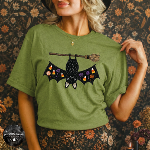 Bat on a Broom Tee | Cute Witchy Halloween Bat Graphic T-Shirt — view 1