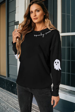 Black Spooky Season Halloween Ghost Printed Drop Shoulder Sweatshirt — view 2