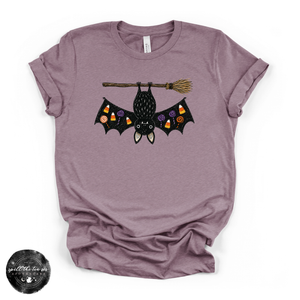 Bat on a Broom Tee | Cute Witchy Halloween Bat Graphic T-Shirt — view 3