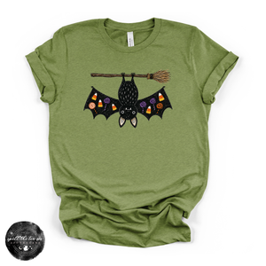 Bat on a Broom Tee | Cute Witchy Halloween Bat Graphic T-Shirt — view 4