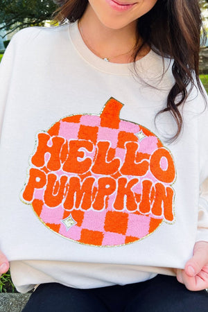 White Terry Halloween Pumpkin Patched Pattern Pullover Sweatshirt — view 1