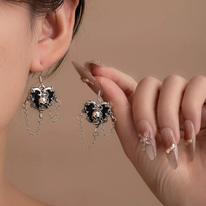 Halloween Alloy Heart Skull Earrings with Chain Detail — view 1