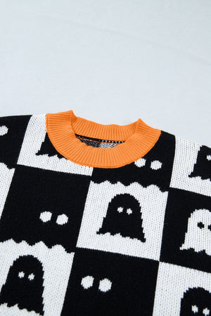 Halloween Ghost Checker High Neck Drop Shoulder Sweater — view 4