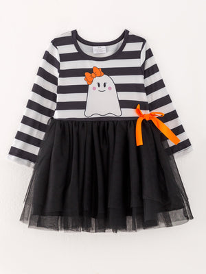 Fall Halloween Ghost Baby Girls Tutu Skirt Long Sleeve Stripe Dress — view 2