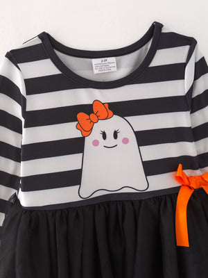 Fall Halloween Ghost Baby Girls Tutu Skirt Long Sleeve Stripe Dress — view 4