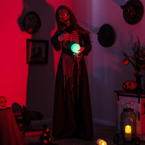 6ft Halloween Animatronics Standing Witch with Light Up Eyes and Magical Ball — view 2