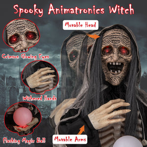 6ft Halloween Animatronics Standing Witch with Light Up Eyes and Magical Ball — view 6