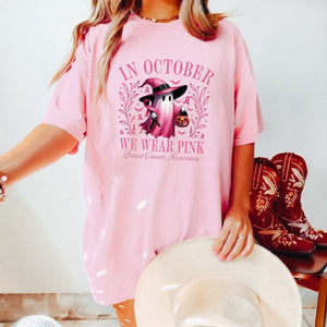 In October We Wear Pink Ghost T-Shirt - Breast Cancer Awareness & Halloween Tee, Pink Ribbon Shirt — view 6