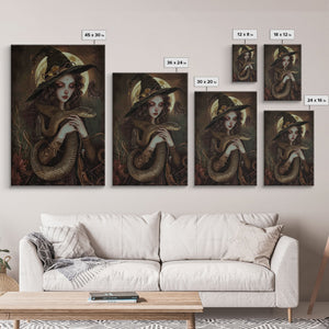 Witch Holding Snake under Full Moon - Dark Forest Sorcery Gothic Art Framed Canvas Print, Halloween Witchy Decor — view 7