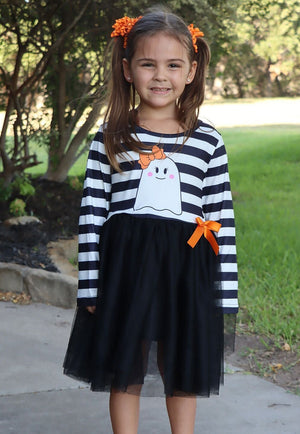 Fall Halloween Ghost Baby Girls Tutu Skirt Long Sleeve Stripe Dress — view 1