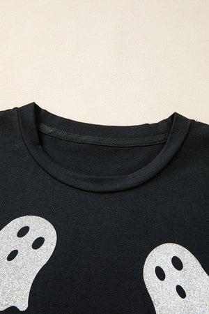 Black Glitter Ghost Pattern Crew Neck Halloween T Shirt — view 11