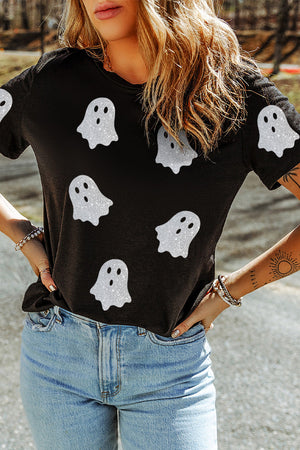 Black Glitter Ghost Pattern Crew Neck Halloween T Shirt — view 6