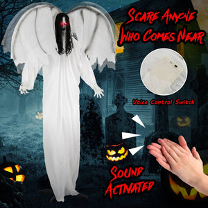 6.6 Feet Halloween Animatronic Standing Angel with Sound-Activated Light-up Eyes and Flapping Wings — view 7